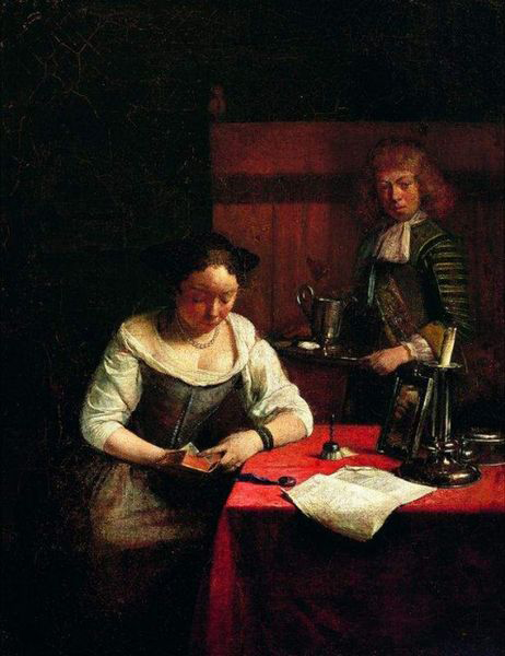 Woman reading and a young man holding a tray.